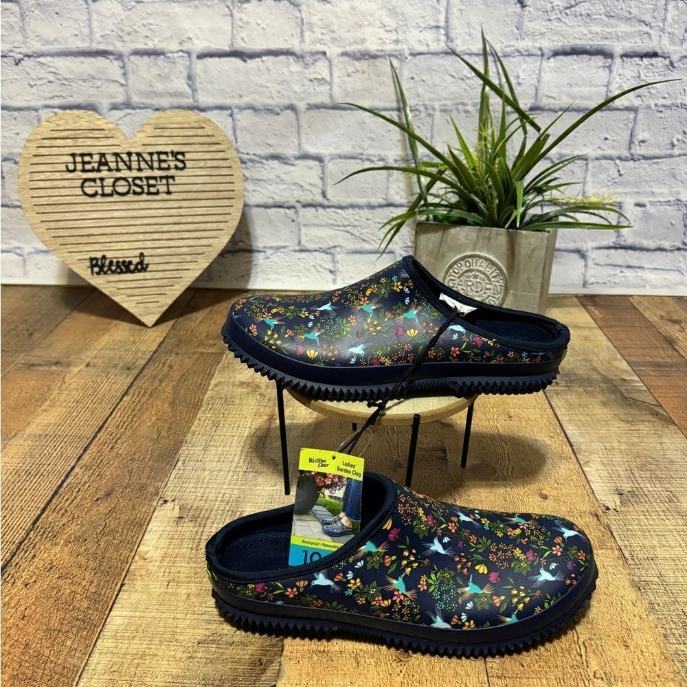 Western Chief Ladies Garden Rubber Clog Navy Humming Bird Size 10 NEW